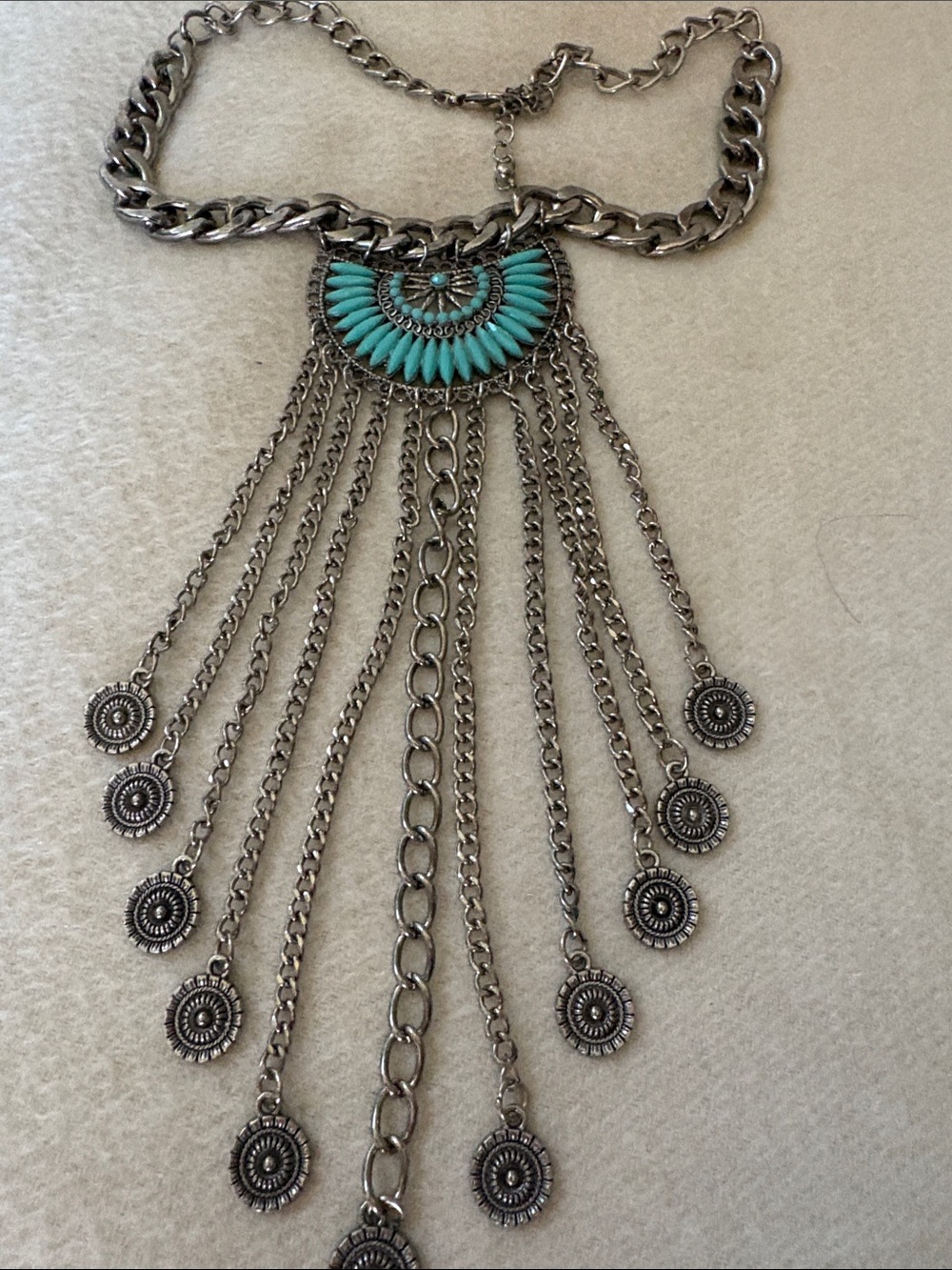 Chico's Silver-Tone Fringe Necklace with Turquoise Crescent